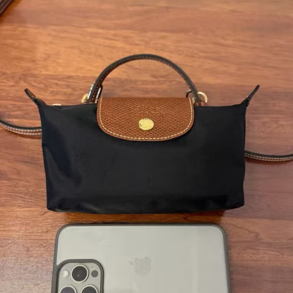 Longchamp Black Mini Top-Handle Crossbody with Brown Trim - Picture 2 of 8